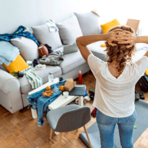 Rear view of Mature housewife standing while preparing for cleaning at home.